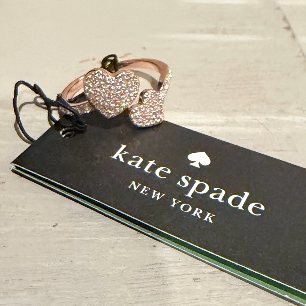 NWT Kate Spade Yours Truly Rose Gold Crystal Double Heart Ring Accessory, Size 7 - Picture 4 of 7